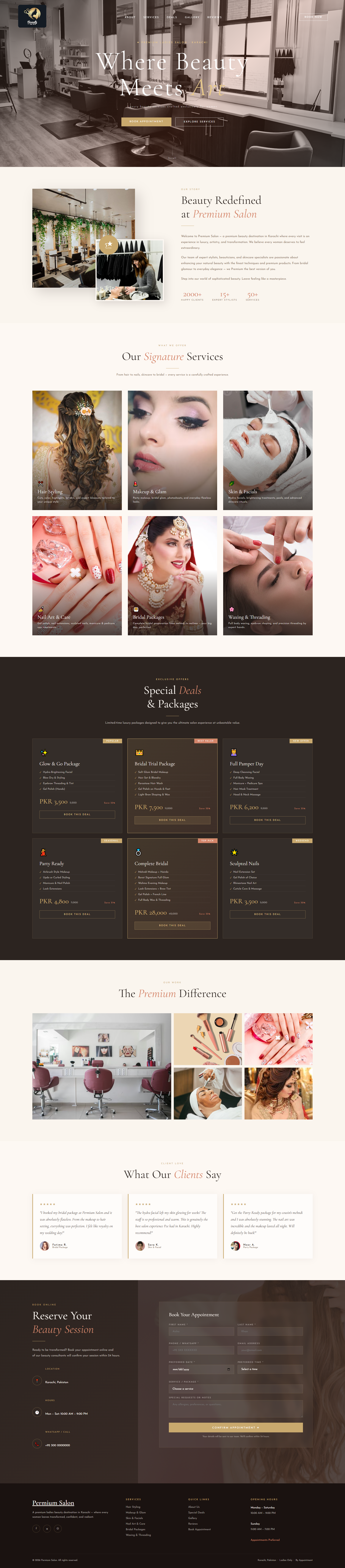 Full-featured responsive website design for a beauty salon, featuring appointment booking, a contact form, WhatsApp messaging, Google Maps location integration, an image gallery, and much more.